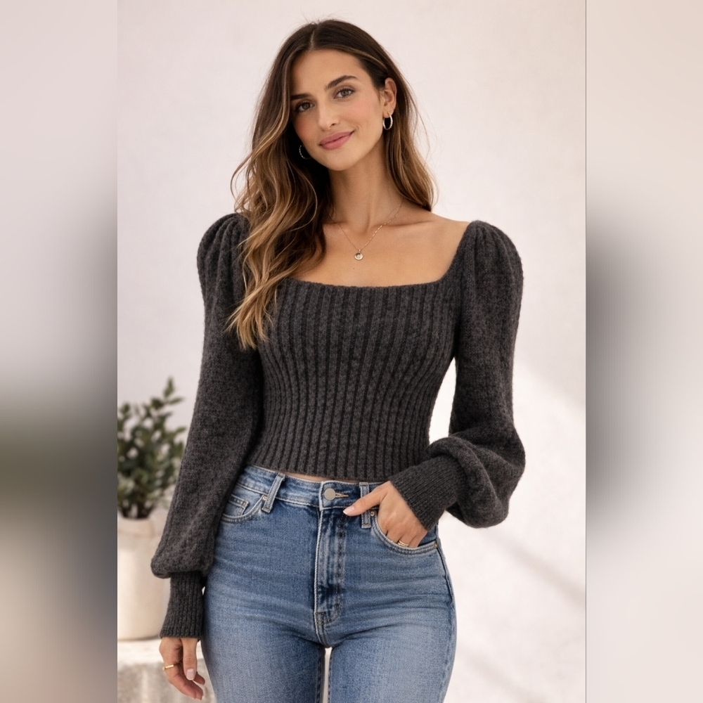 Free People Katie Ribbed Cropped Sweater Black Combo XS Puff Sleeve